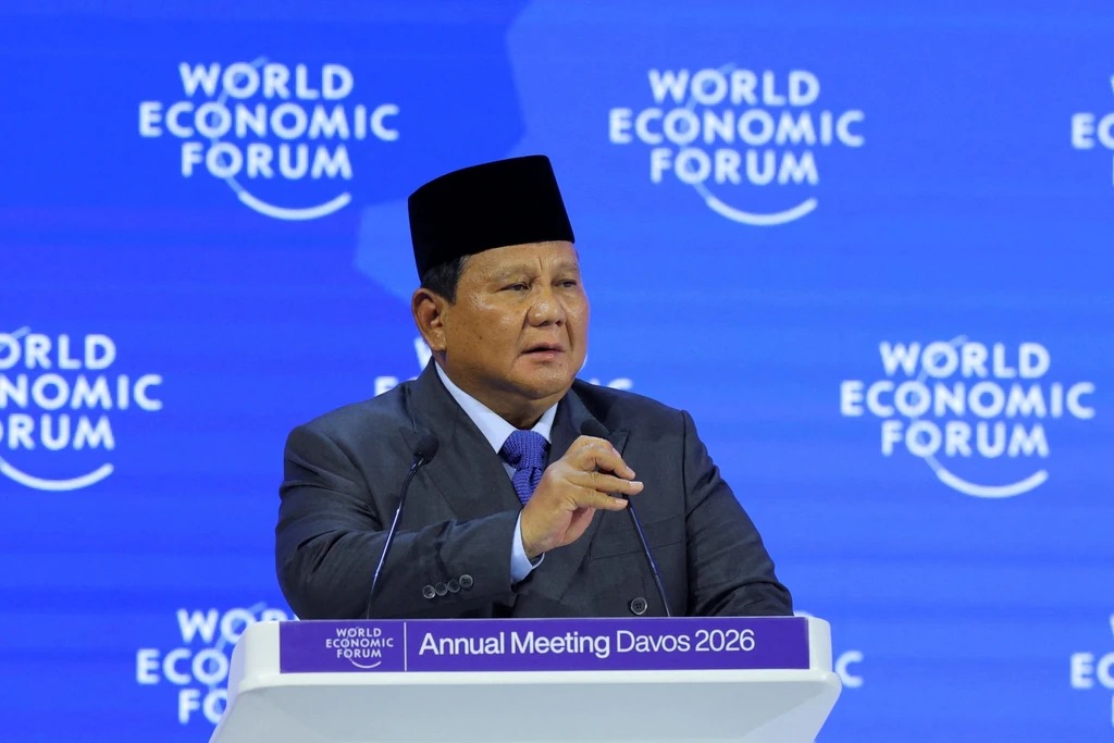 Presiden Prabowo Subianto saat memberikan pidato di WEF Davos. (dok. Denis Balibouse/REUTERS)